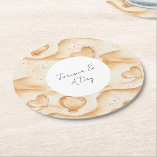 Tropical Hearts in Sand Beach Wedding Round Paper Coaster