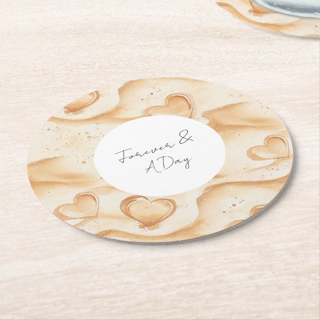 Tropical Hearts in Sand Beach Wedding Round Paper Coaster (Angled)