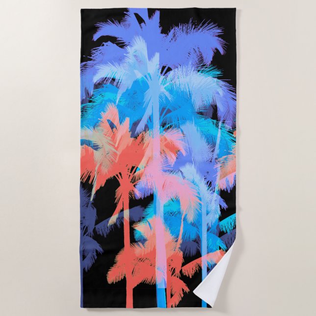 Tropical Heat Wave Neon Hawaiian Palm Trees -Black Beach Towel (Front)