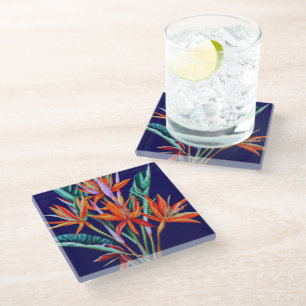 Tropical Heliconia on blue glass coasters