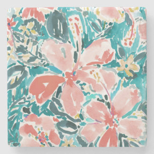Tropical Hello Hibiscus Watercolor Floral Pattern Stone Coaster
