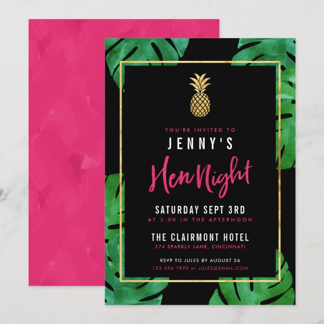 Tropical Hen Night / Pink & Black & Gold Pineapple Invitation (Front/Back)