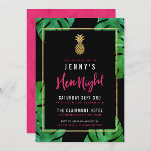 Tropical Hen Night / Pink & Black & Gold Pineapple Invitation