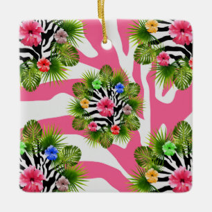 Tropical hibiscus and exotic pink zebra stripes ceramic tree decoration