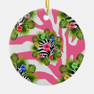 Tropical hibiscus and exotic pink zebra stripes ceramic tree decoration