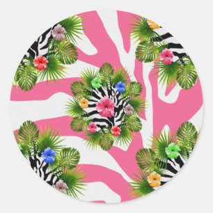 Tropical hibiscus and exotic pink zebra stripes classic round sticker