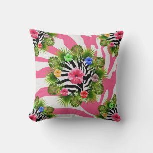 Tropical hibiscus and exotic pink zebra stripes cushion