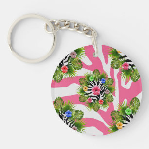Tropical hibiscus and exotic pink zebra stripes key ring