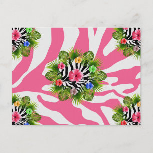 Tropical hibiscus and exotic pink zebra stripes postcard