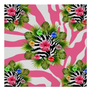 Tropical hibiscus and exotic pink zebra stripes poster