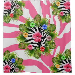 Tropical hibiscus and exotic pink zebra stripes shower curtain