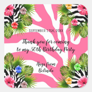 Tropical hibiscus and exotic pink zebra stripes square sticker
