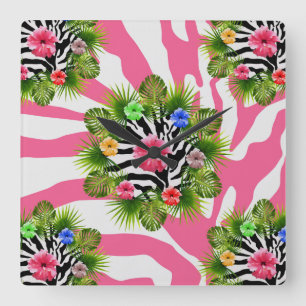 Tropical hibiscus and exotic pink zebra stripes square wall clock