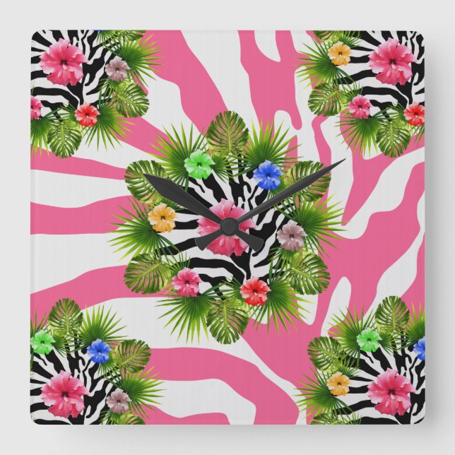 Tropical hibiscus and exotic pink zebra stripes square wall clock (Front)