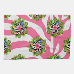 Tropical hibiscus and exotic pink zebra stripes tea towel