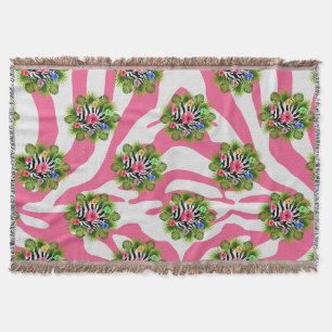 Tropical hibiscus and exotic pink zebra stripes throw blanket