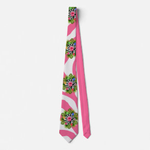 Tropical hibiscus and exotic pink zebra stripes tie