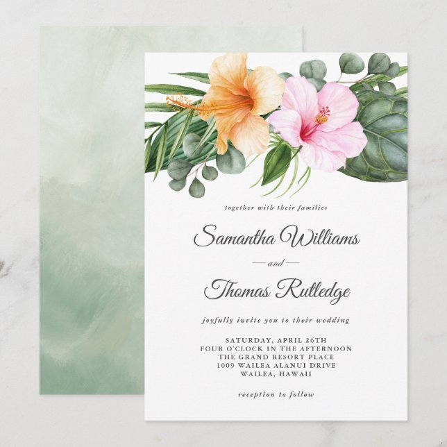 Tropical Hibiscus and Foliage Watercolor Floral Invitation (Front/Back)