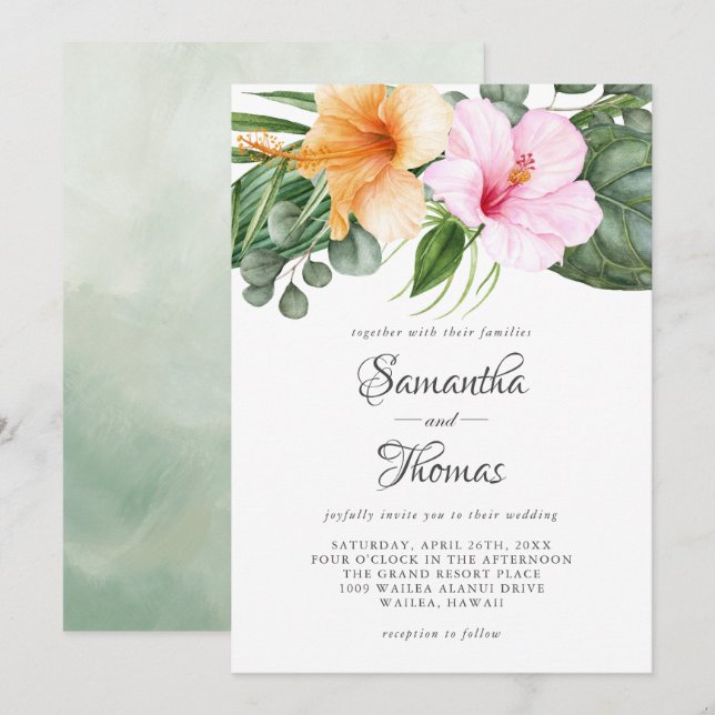 Tropical Hibiscus and Foliage Watercolor Floral Invitation (Front/Back)