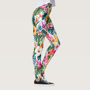 Tropical Hibiscus and Monstera Floral Pattern Leggings