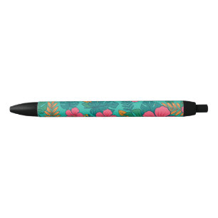 Tropical Hibiscus and Palm Leaf Pattern  Black Ink Pen