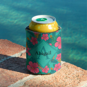 Tropical Hibiscus and Palm Leaf Pattern  Can Cooler