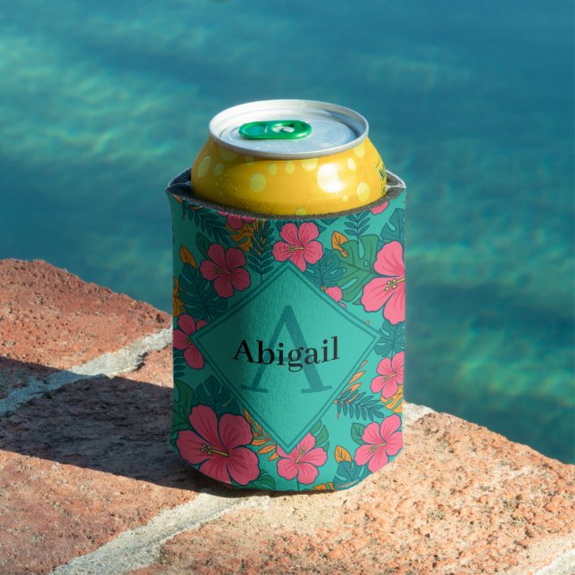 Tropical Hibiscus and Palm Leaf Pattern  Can Cooler (In Situ Pool)