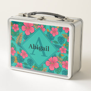 Tropical Hibiscus and Palm Leaf Pattern Metal Lunch Box