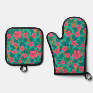Tropical Hibiscus and Palm Leaf Pattern  Oven Mitt & Pot Holder Set