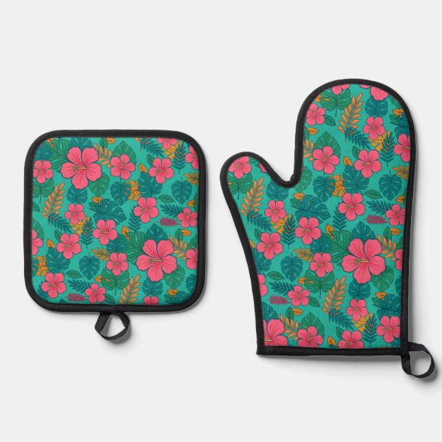 Tropical Hibiscus and Palm Leaf Pattern  Oven Mitt & Pot Holder Set (Front)