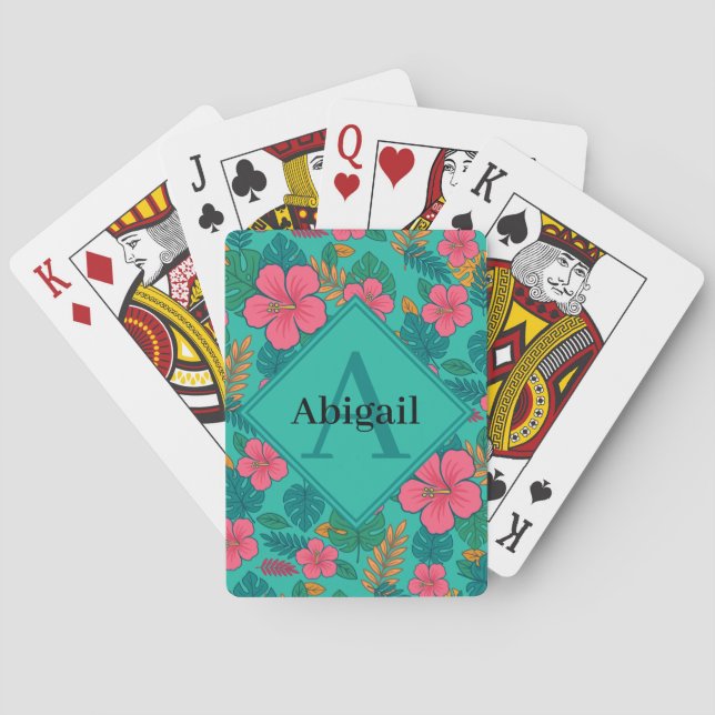 Tropical Hibiscus and Palm Leaf Pattern  Playing Cards (Back)