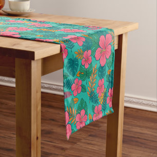Tropical Hibiscus and Palm Leaf Pattern  Short Table Runner