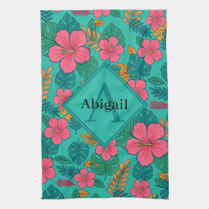 Tropical Hibiscus and Palm Leaf Pattern  Tea Towel