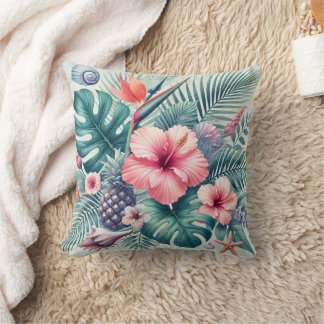 Tropical Hibiscus and Palm Leaves Cushion
