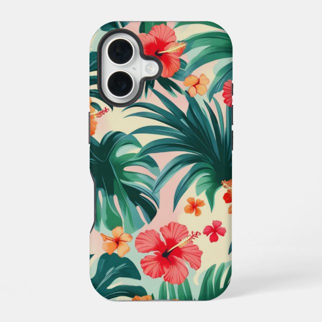 Tropical Hibiscus and Palm Leaves Pattern  iPhone 16 Case (Back)