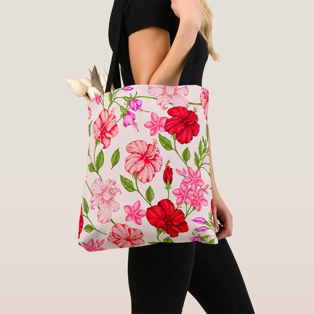 Tropical Hibiscus and Plumeria Floral Pattern Tote Bag (Creator Uploaded)