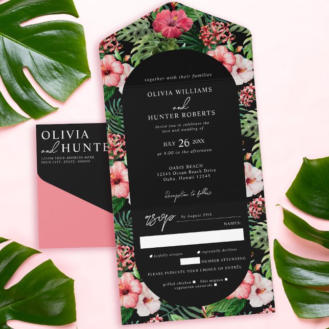 Tropical Hibiscus Arch Wedding Black All In One Invitation (Creator Uploaded)