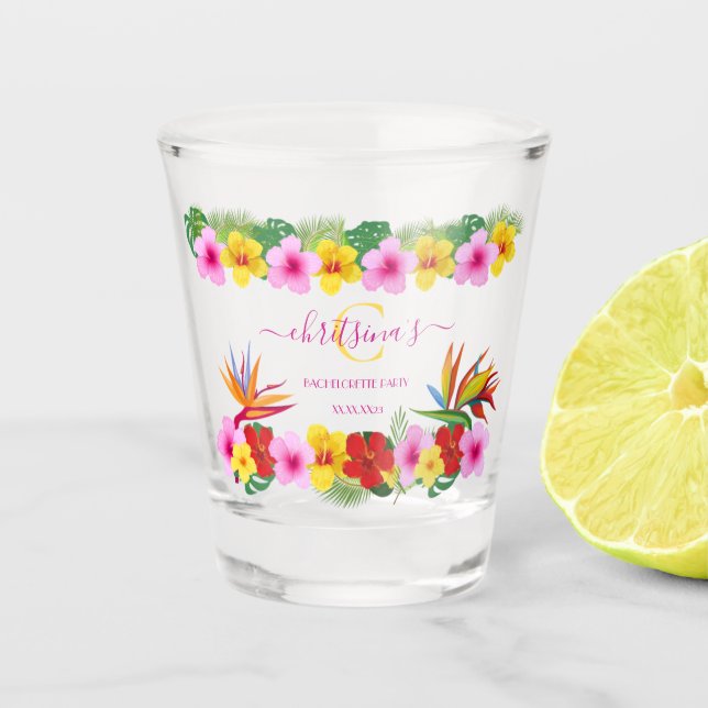 Tropical Hibiscus Beach Bachelorette  Shot Glass (Front)