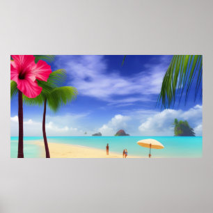 Tropical hibiscus Beach moonlight ocean palms 3 Poster