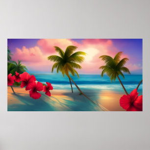 Tropical hibiscus Beach moonlight ocean palms  Poster