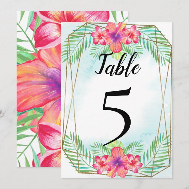 Tropical Hibiscus Beach Wedding Table Number (Front/Back)