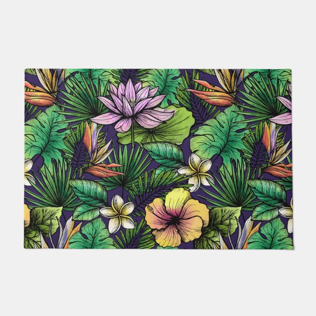 Tropical hibiscus bird of paradise foliage doormat (Front)