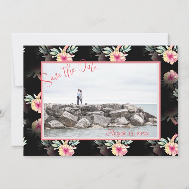 Tropical Hibiscus Black Photo Save the Date (Front)