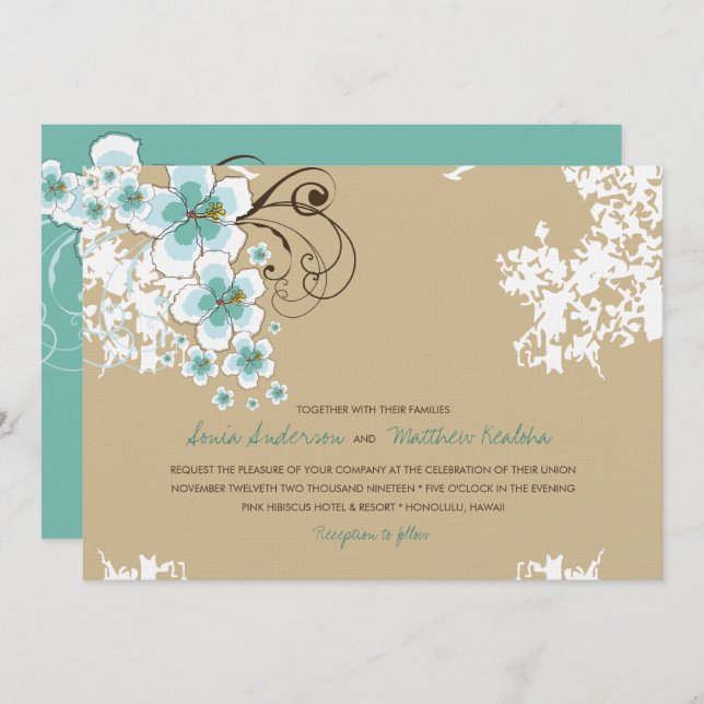 Tropical Hibiscus Blue Luau Beach Wedding Invite (Front/Back)