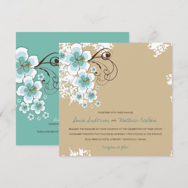 Tropical Hibiscus Blue Luau Beach Wedding Invite (Front/Back)