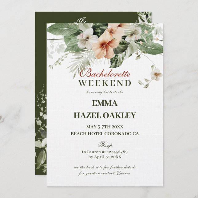 Tropical hibiscus boho pastel Bachelorette Invitation (Front/Back)