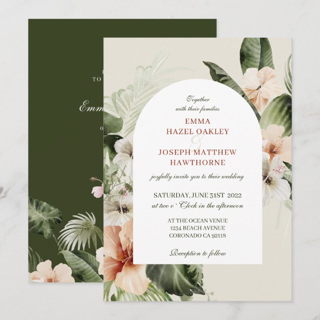 Tropical hibiscus boho pastel floral Wedding Invitation (Front/Back)