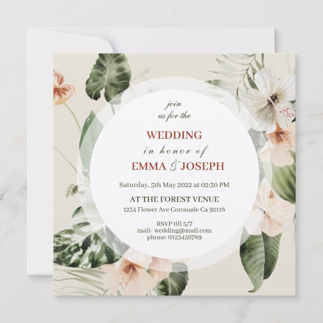 Tropical hibiscus boho pastel floral Wedding Invitation (Front)