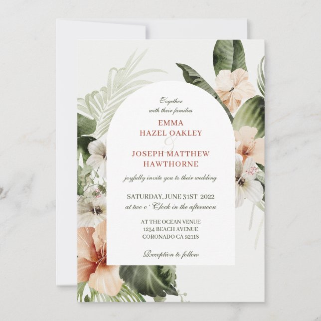 Tropical hibiscus boho pastel floral Wedding Invitation (Front)