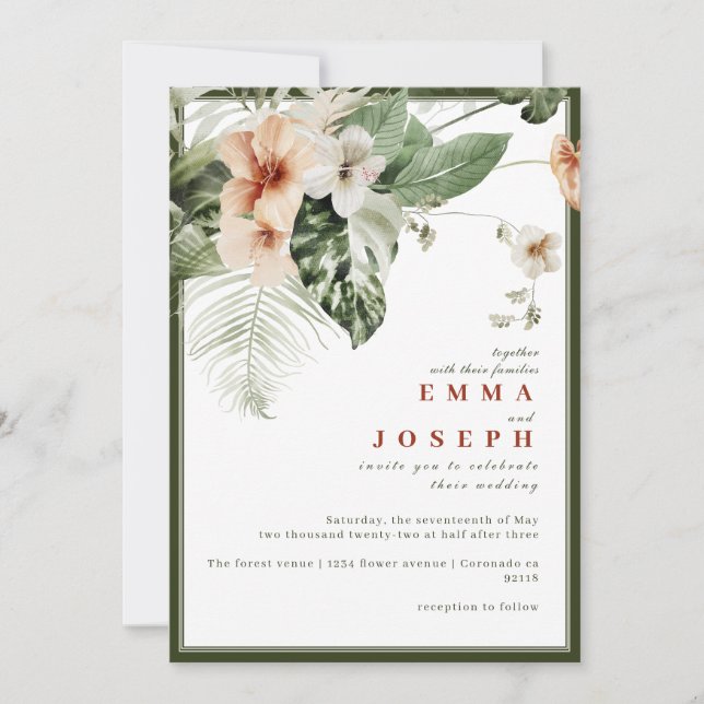 Tropical hibiscus boho pastel floral Wedding Invitation (Front)